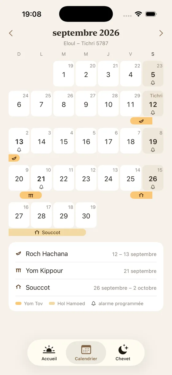 Calendrier ShabbatRise de septembre 2026, d’Eloul à Tichri 5787, montrant Roch Hachana, Yom Kippour et Souccot en bandes avec leur propre marque, et une cloche sur les dates qui ont une alarme (application en français)