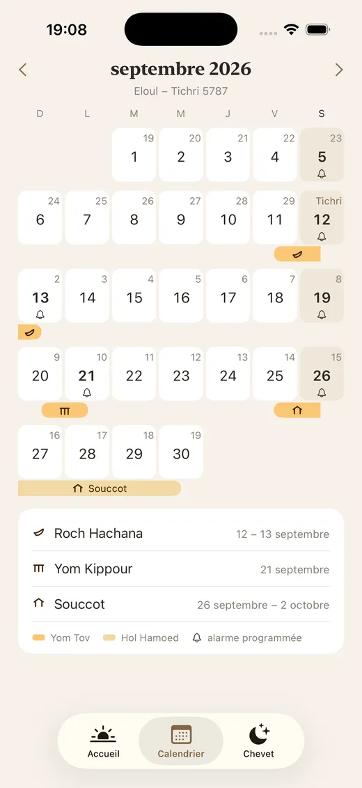 Calendrier ShabbatRise de septembre 2026, d’Eloul à Tichri 5787, montrant Roch Hachana, Yom Kippour et Souccot en bandes avec leur propre marque, et une cloche sur les dates qui ont une alarme (application en français)