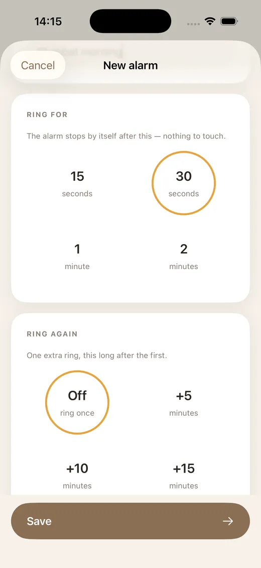 ShabbatRise alarm editor with the ring duration set to 15 seconds, 30 seconds, 1 minute or 2 minutes (app in English)